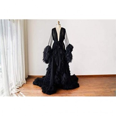 Ladies Dressing Gown Perspective Sheer Long Robe Puffy Tulle