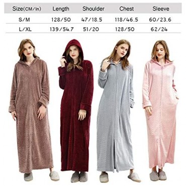 Long Hooded Zipper Bathrobe for Womens Flannel Fleece Robes Winter Warm Housecoat Nightgown Sleepwear Pajamas
