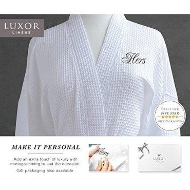 Luxor Linen Hers Waffle Weave Bathrobe Set - 100% Egyptian Cotton - Unisex/One Size Fits Most - Spa Robe Luxurious - Perfect Wedding Gift (Black Monogram 1 Robe - Hers)