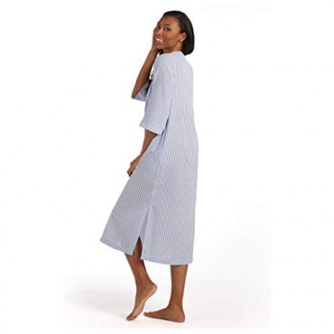 Miss Elaine Women's Long Seersucker Zipper Robe - with ¾ Sleeves Round Yoke and Two Inset Pockets