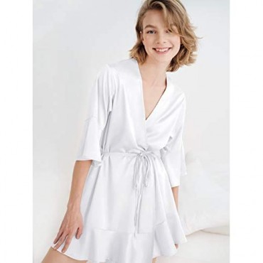 SIORO Bridesmaid Robe Ruffle Hem Belted Women's Silk Short Bathrobe Satin Kimono for Bridesmaids Small~X-Large