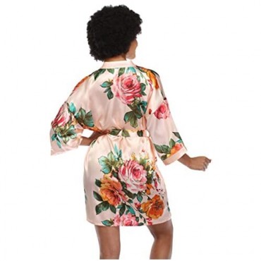 SUGAR JAN Women's Silk Floral Robe for Bride Bridesmaid Short Lightweight Kimono Bathrobe Loungewear