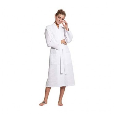 Turkuoise Linen Premium Cotton Blend Lightweight Long Waffle Kimono Bath and Spa Robe