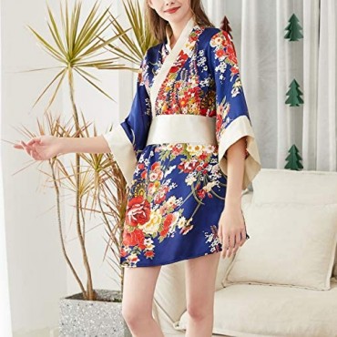 Women Kimono Robes Satin Gown and Blossoms Sleep Lounge Nightwear Short Silk Robe