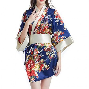 Women Kimono Robes Satin Gown and Blossoms Sleep Lounge Nightwear Short Silk Robe