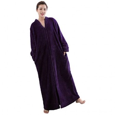 Womens Fleece Robe Plush Long Zip-Front Bathrobe with Pockets