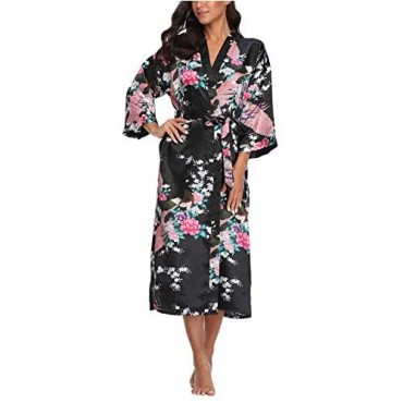 Women's Kimono Robe Peacock & Blossom Robe Wedding Satin Bathrobe Nightgown