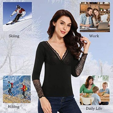 Joyshaper Women's Lace Thermal Tops Shirts Fleece Lined V Neck Base Layer Underwear for Winter