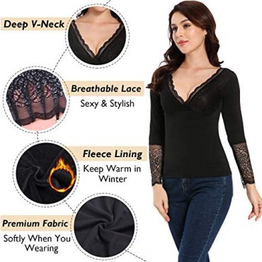 Lace Thermal Shirts for Women Long Sleeve V-Neck Tank Tops Underwear Fleece Lined Cami Base Layer Winter Shirt