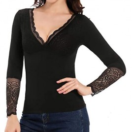 Lace Thermal Shirts for Women Long Sleeve V-Neck Tank Tops Underwear Fleece Lined Cami Base Layer Winter Shirt