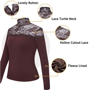 Lace Thermal Shirts for Women Sleeves Turtle Neck Fleece Lined Warm Winter Camisole Tops Vest Brown