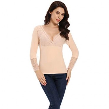 Thermal Underwear Top for Women V Neck Lace Long Sleeves Thermal Underwear Shirts Fleece Lined Undershirt Winter Base Layer
