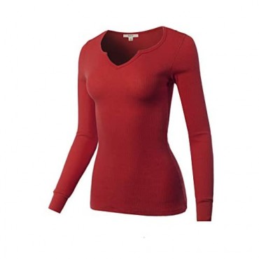 Women's Fitted Notched Neck Long Sleeve Thermal Knit Top
