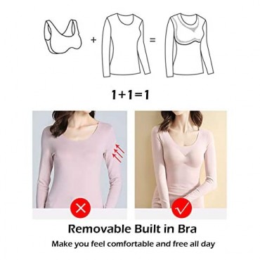Womens Fleece Long Sleeve Shirts with Built-in-Bra Stretch Long John Tops Thermal Seamless Underwear Tee