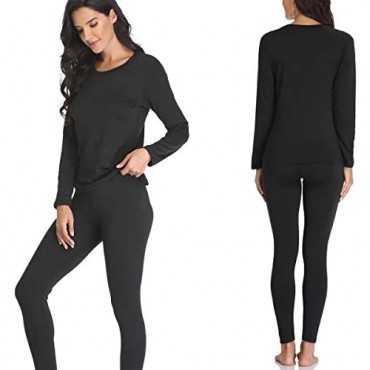 JZCreater Women Thermal Underwear Set Tight Base Layer Top & Bottom Long John Set Black