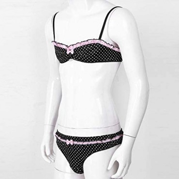 TSSOE Men's 2PCS Sissy Polka Dot Bikini Briefs Underwear Ruffled Bra Top Lingerie Set