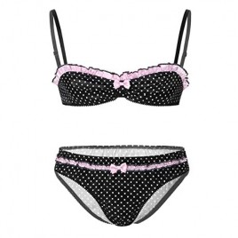 TSSOE Men's 2PCS Sissy Polka Dot Bikini Briefs Underwear Ruffled Bra Top Lingerie Set