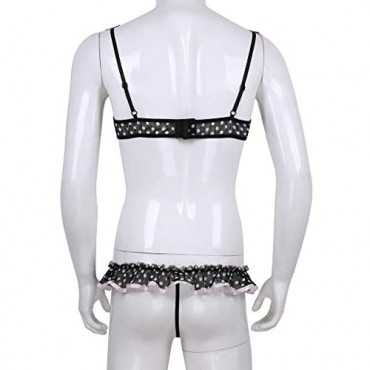 YOOJOO 2PCS Men's Sissy Chiffon Ruffles Frilly Polka Dot Lingerie Set Bikini Bra Top Panties Underwear