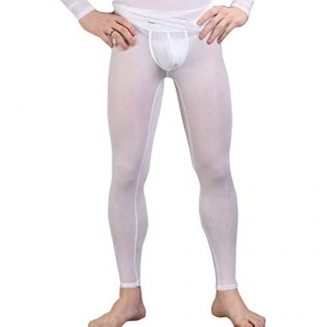 Yeahdor Men's Ice Silk Transparent Leggings Bulge Pouch Thong Tights Base Layer Compression Pant Trousers