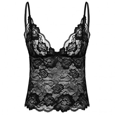 Hularka Mens Sissy Floral Lace See-Through V-Neck Tank Crop Top Cami Vest Shirts Blouses Underwear
