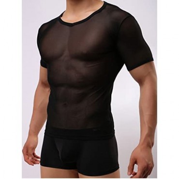 WINDAY Men's Sexy Underwear T-Shirt Long Sleeve Mesh Top Undershirt Nightwear