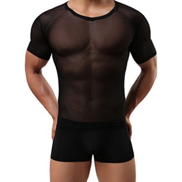 WINDAY Men's Sexy Underwear T-Shirt Long Sleeve Mesh Top Undershirt Nightwear