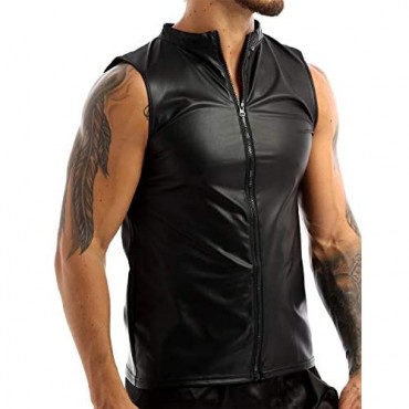 YiZYiF Mens Fashion Faux Leather Round Neck Sleeveless T-Shirt Slim Fit Undershirt Tank Top Vest