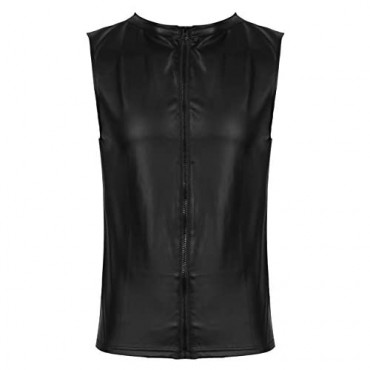 YiZYiF Mens Fashion Faux Leather Round Neck Sleeveless T-Shirt Slim Fit Undershirt Tank Top Vest