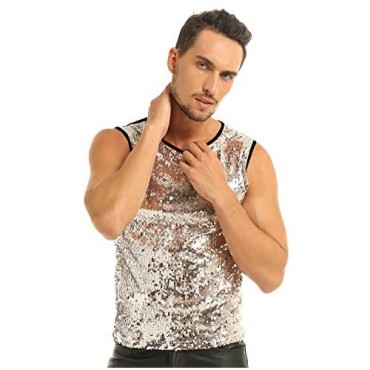 YiZYiF Men's Sequins Sleeveless Fitted T-Shirt Training Basic Tank Top Clubwear