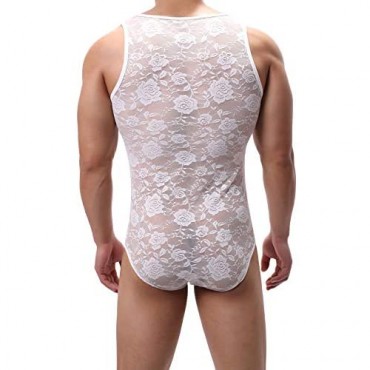 Men's Lace Bodysuit Jumpsuit One-Piece Leotard Floral Stretchy Singlet See Through Mesh Breathable Nightwear