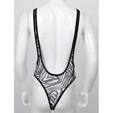 YiZYiF Men's Zebra Printing Wild See Throgh Stretch Sheer Mesh Bodysuit Jumpsuit Briefs Underwear