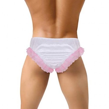 LiiYii Men's Sissy Crossdressing Panties Ruffled Floral Lace Trim Bikini Briefs Underwear