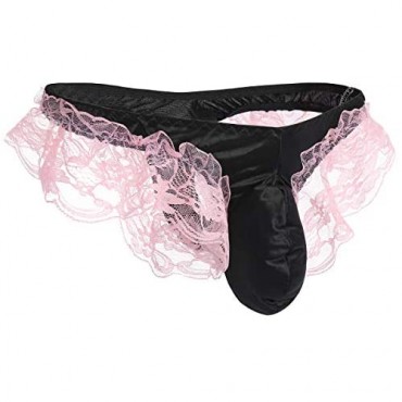 Men's Shiny Satin Frilly Lace Floral Sissy Pouch Thong Panties Maid Cosplay Crossdress Lingerie Briefs Underwear