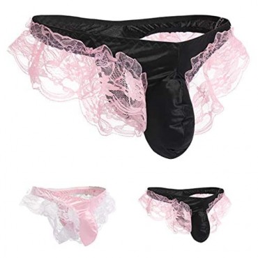 Men's Shiny Satin Frilly Lace Floral Sissy Pouch Thong Panties Maid Cosplay Crossdress Lingerie Briefs Underwear