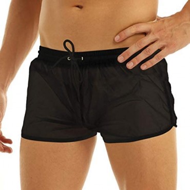 Hularka Mens Sheer See-Through Loose Drawstring Shorts Boxer Briefs Underpants Swimsuit Beachwear