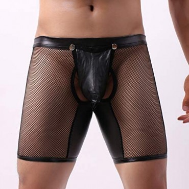 iYunyi Men's PU Leather Front Removabble Boxer Shorts with Fishnet Spliced