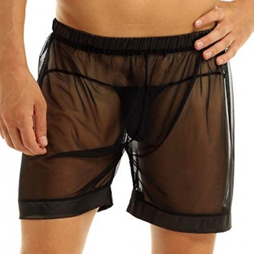 QinCiao Men's See Through Shorts Mesh Loose Breathable Lounge Underwear Cover up Boxer Trunks