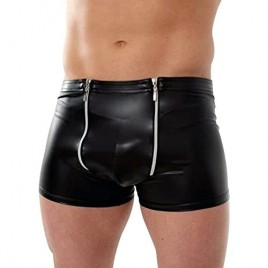 Sexy Vinyl Leather Men Boxers Pants Black Double Zipper Fetish Shorts Wetlook Club Underwear