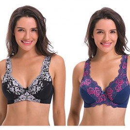 Curve Muse Women's Minimizer Unlined Underwire Bra with Lace Embroidery-2 Pack