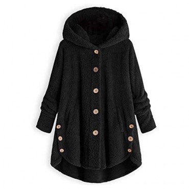 LATINDAY Winter Fuzzy Outerwear Sweatshirt Coat for Women Plus Size Button Plush Hooded Loose Cardigan Wool Coat Jacket