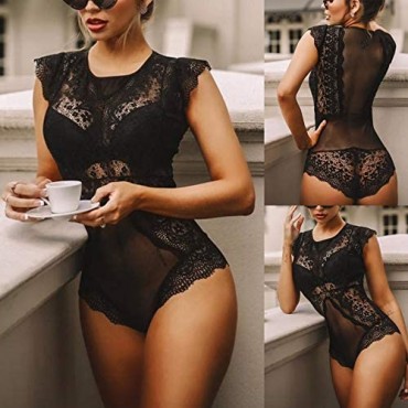 Women See Through Bodycon Jumpsuit - One Piece Outfits Lace Clubwear Jumpsuit Rompers Sexy Lingerie