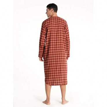 SIORO Men's Flannel Nightshirt Plaid Cotton Nightwear Loose Pajama Sleep Shirt