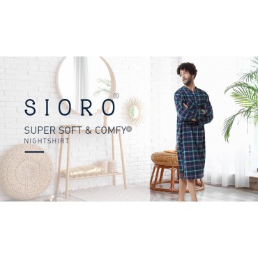 SIORO Men's Flannel Nightshirt Plaid Cotton Nightwear Loose Pajama Sleep Shirt