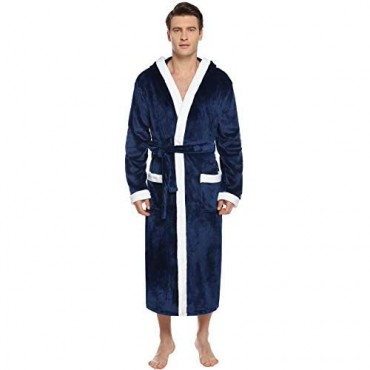 Aibrou Men's Hooded Robe Plush Long Bathrobes Soft Fleece Spa Robe Warm Sleepwear