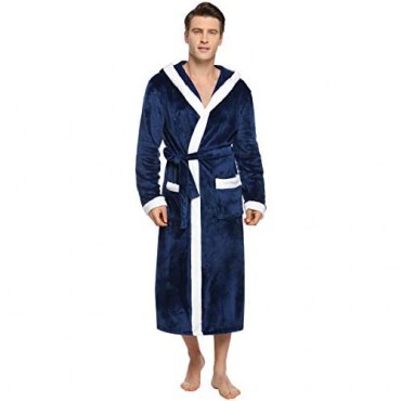Aibrou Men's Hooded Robe Plush Long Bathrobes Soft Fleece Spa Robe Warm Sleepwear