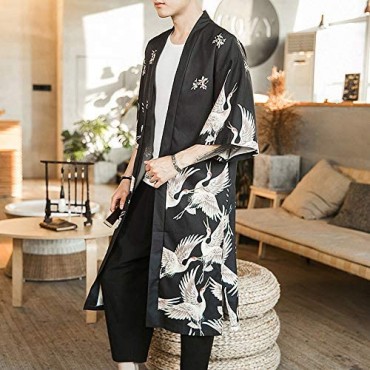 HAORUN Men Japanese Kimono Coat Loose Yukata Outwear Long Bathrobe Tops Vintage