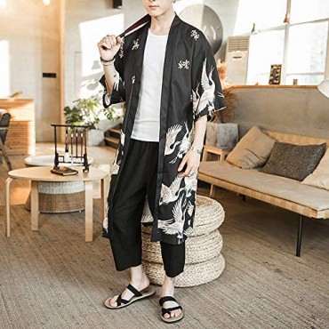 HAORUN Men Japanese Kimono Coat Loose Yukata Outwear Long Bathrobe Tops Vintage