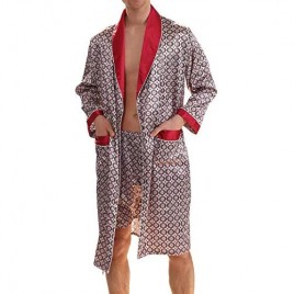 Haseil Men's Luxurious Kimono Robe with Shorts Summer Printed Silk Satin Bathrobes