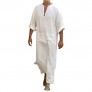 Haseil Men's V-Neck Kaftan Robe Roll Up Long Sleeve Line Solid Long Gown Side Split Thobe