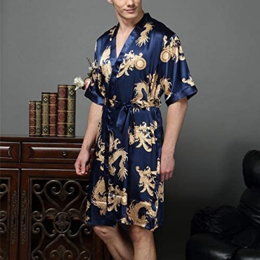 Lu's Chic Men's Satin Kimono Robe Silk Bathrobe Loungewear Spa Long Sleeve Pockets Sleepwear